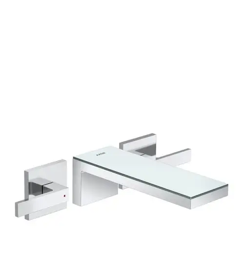 Wandmontierte Waschtischarmatur von AXOR mit drei Löchern, aus Chrom und Spiegelglas, inklusive einem langen Auslauf.